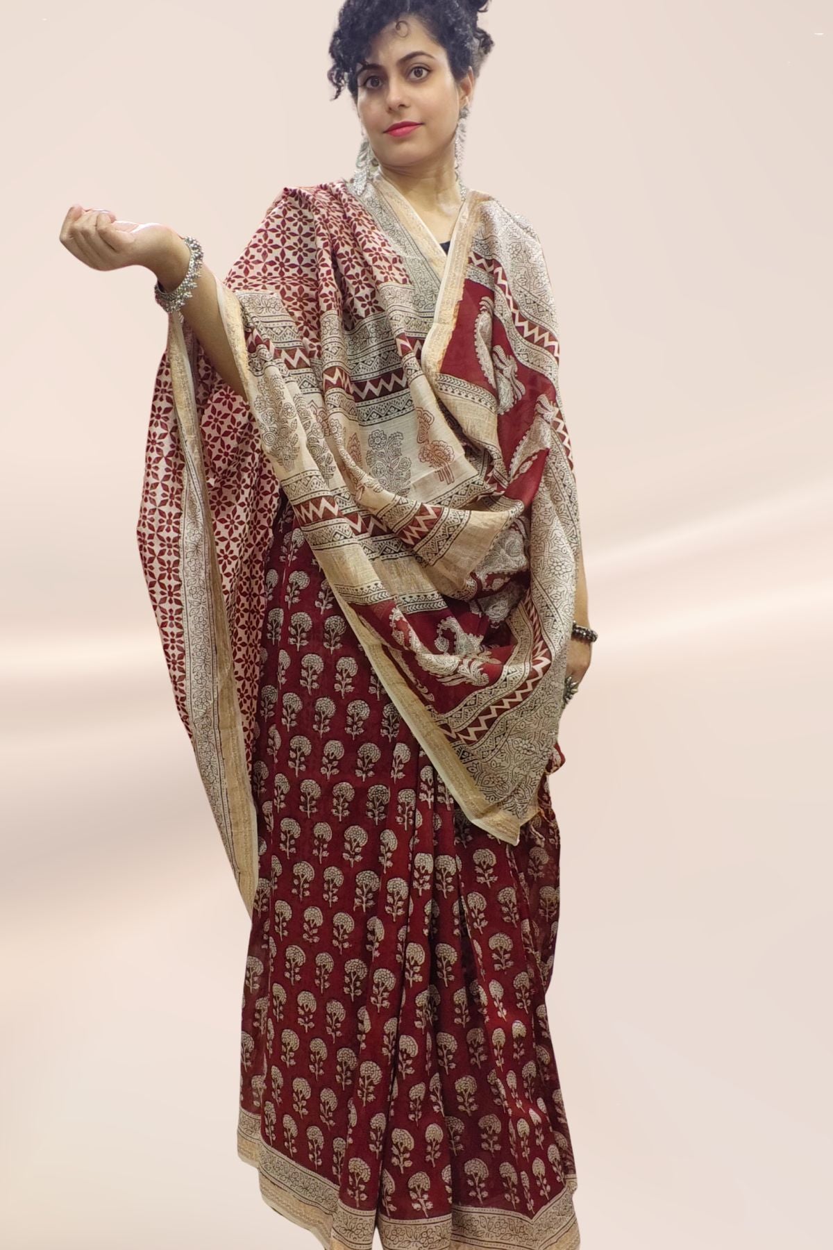Red Bagh Print Maheshwari Saree
