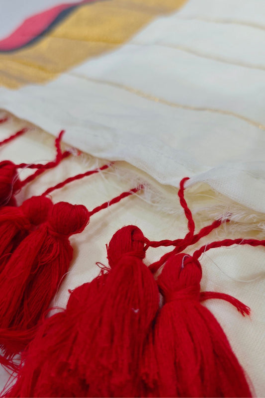 White & Red Mulcotton Saree